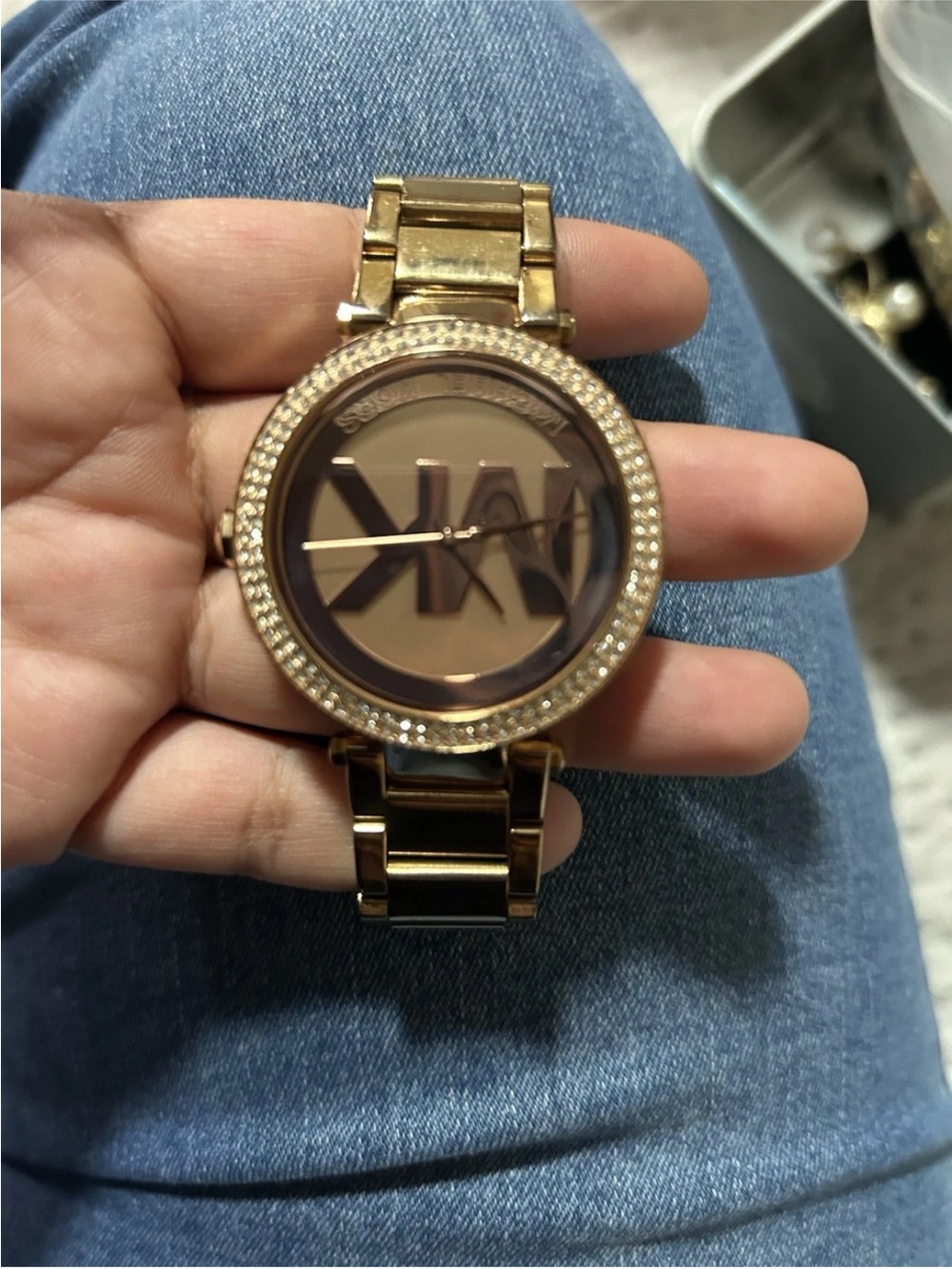 Michael Kors Gold-Tone Crystal Bezel Logo Watch has few signs mark and good. - Picture 2 of 5